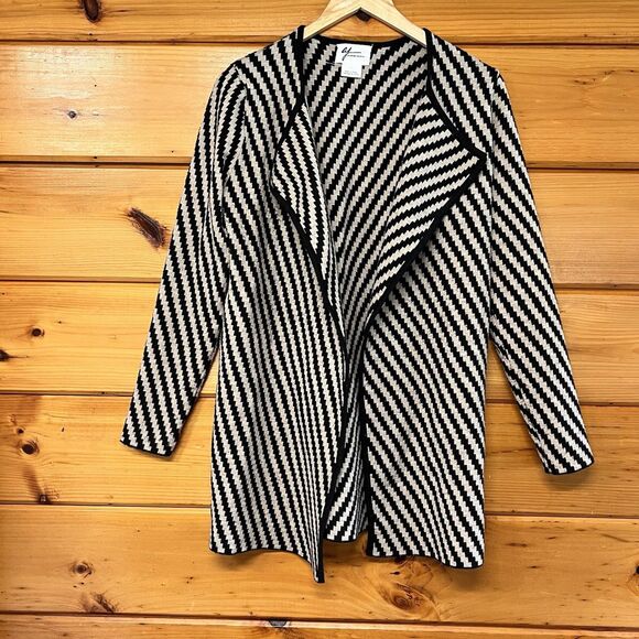 ANDREA JOVINE Oatmeal /Black Stripped Open Front Stretch Cardigan Sweater S - Picture 1 of 4